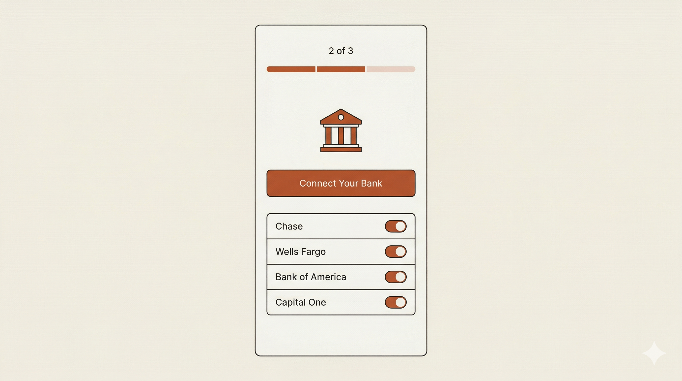 Finance app onboarding screen with Connect Your Bank button