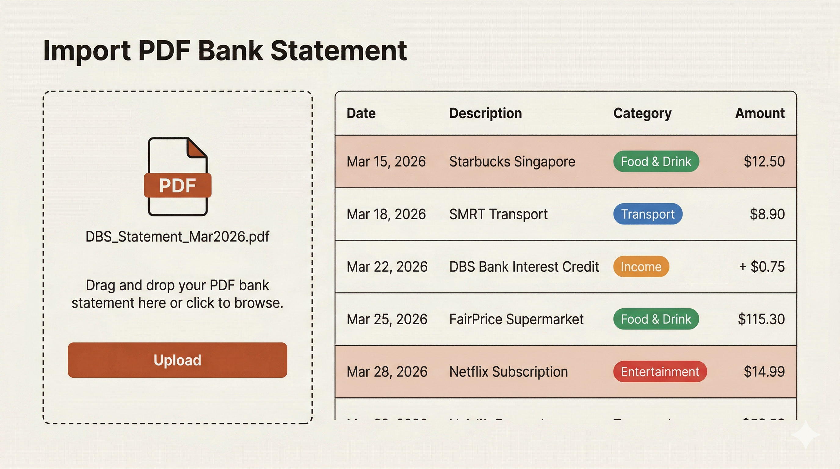 PDF statement upload and parsed transactions
